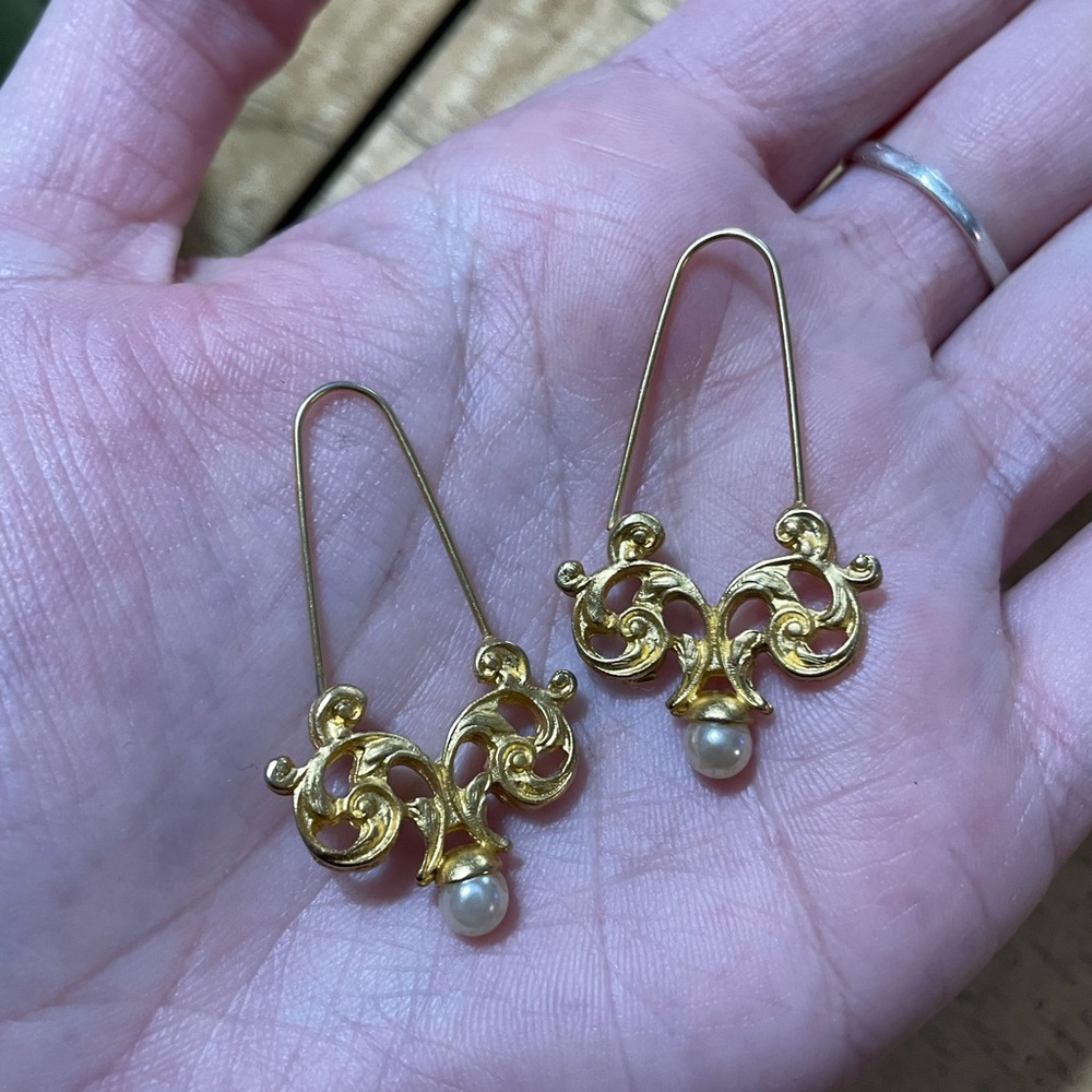 Gold and Pearl unique vintage drop earrings